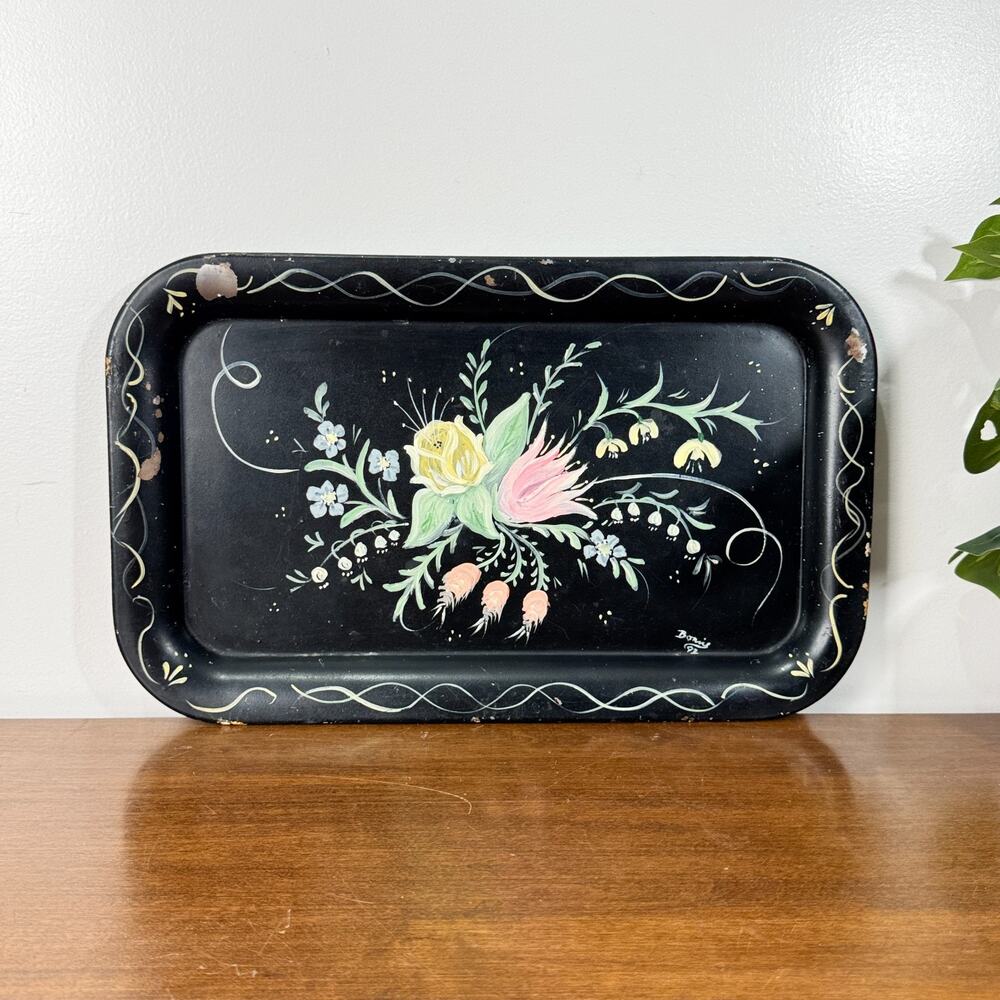 Vintage Toleware Metal Tray Black with Handpainted Rose Floral Design 14" x 8.5"